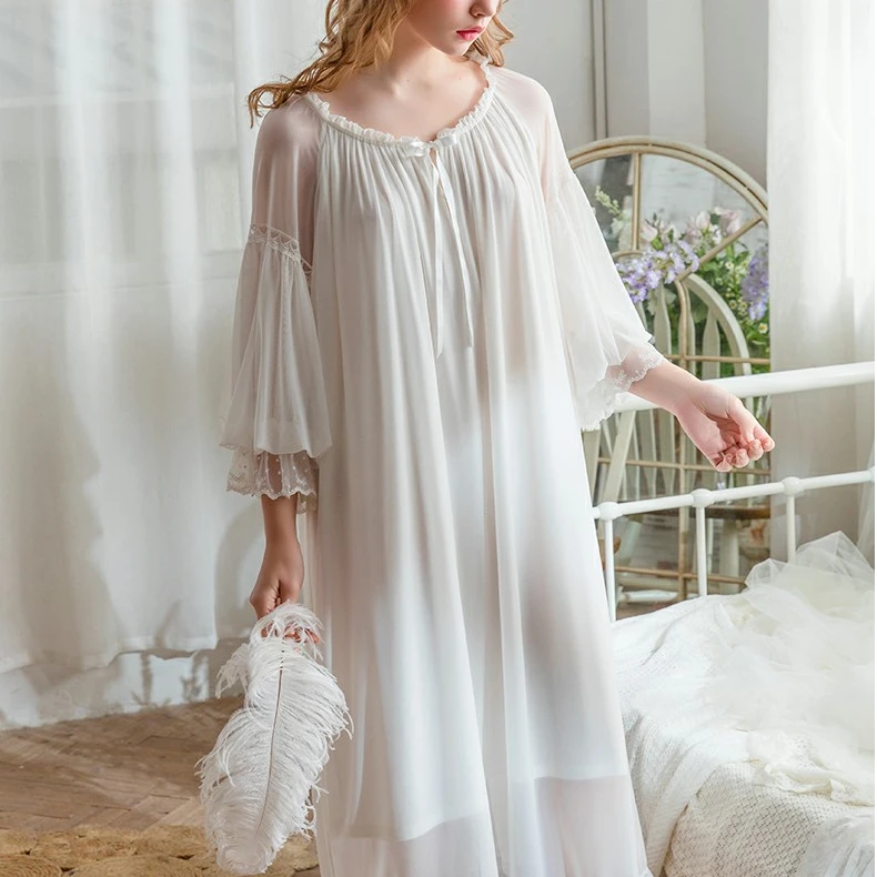 春夏季复古公主风蕾丝网纱宫廷风睡裙女睡衣七分袖家居服9157