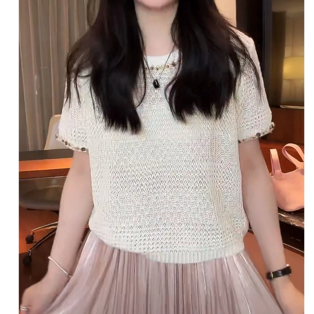 韩系重工钉珠镂空针织衫2025夏季新款设计感洋气时尚显瘦短袖上衣
