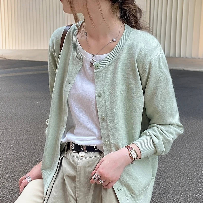 春新款长袖针织衫薄外套女新款韩版洋气宽松显瘦外搭毛衣开衫上衣