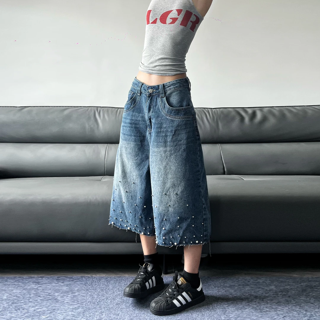 JADEQILIN美式复古珍珠水洗宽松蓝色牛仔短裤男女潮牌设计七分裤