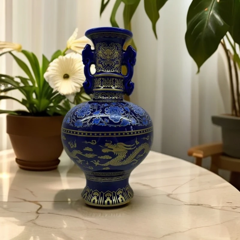 DP-A10宝蓝色龙纹双耳赏瓶/景泰蓝双龙陶瓷赏瓶20.5cm