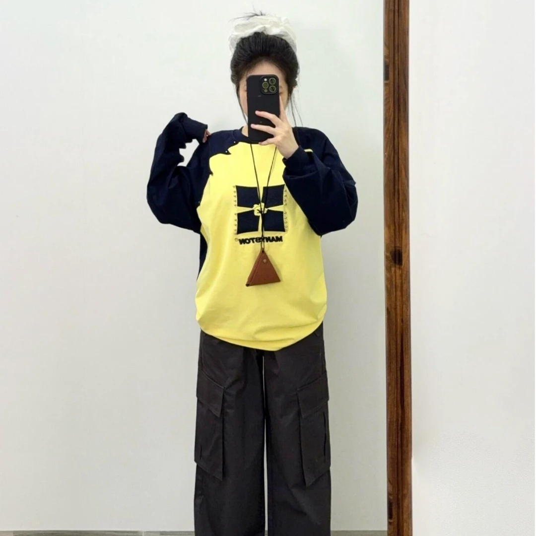 300斤胖mm大码女装美式复古2025秋季新款长袖t恤宽松百搭显瘦上衣