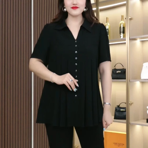胖大旋夏季新款大码女装翻领休闲简约时尚女显瘦遮肉衬衫ZB6878