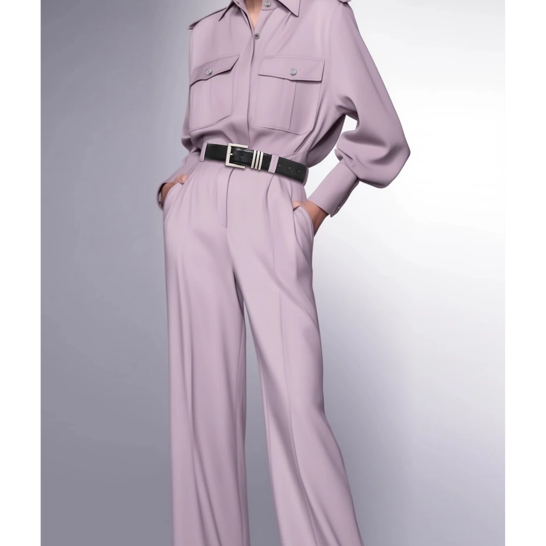 【娘娘专属】AUI紫色工装设计感衬衫通勤职业阔腿裤两件套-2025005