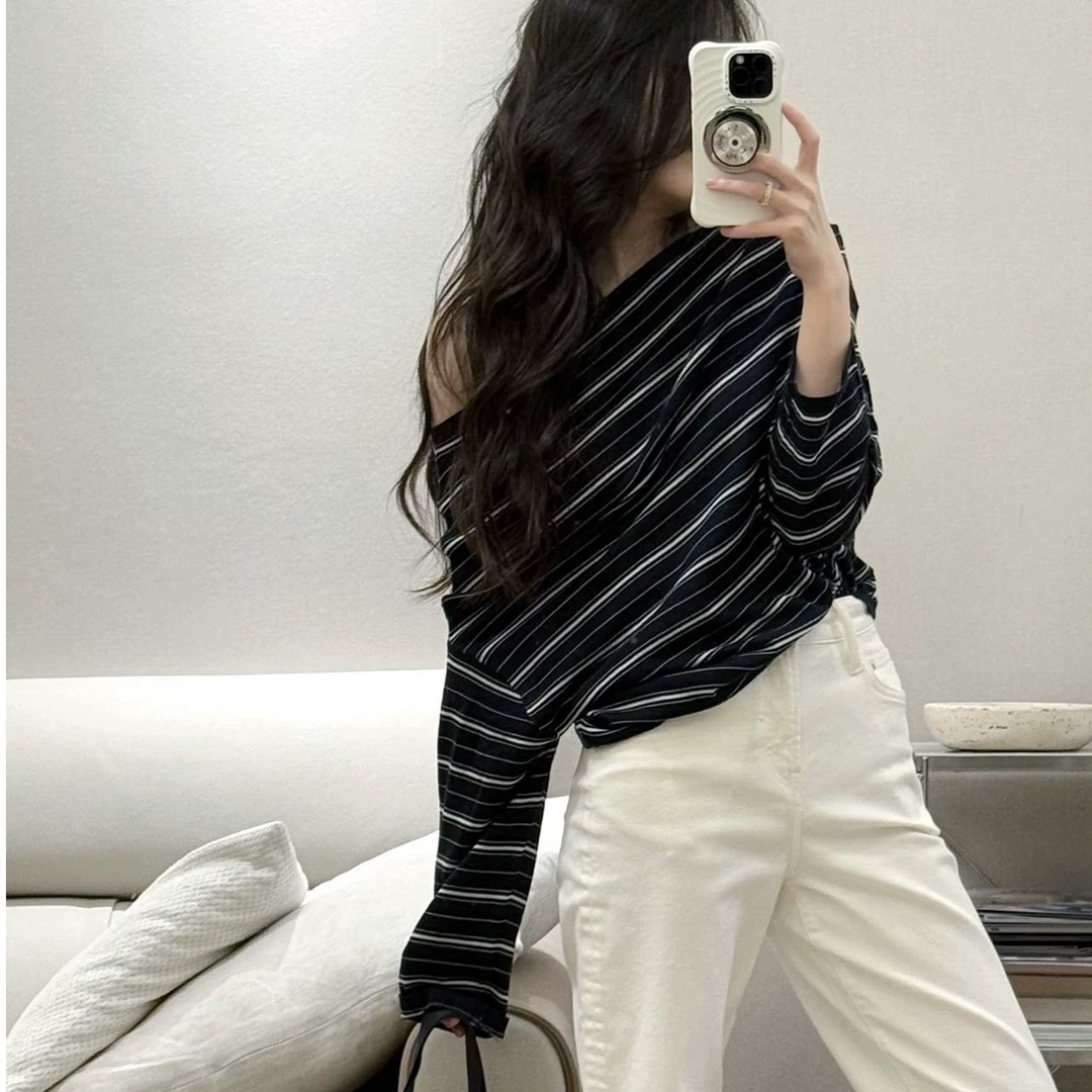 2025早秋新款时尚套装气质显瘦洋气休闲百搭条纹斜肩上衣辣妹长裤