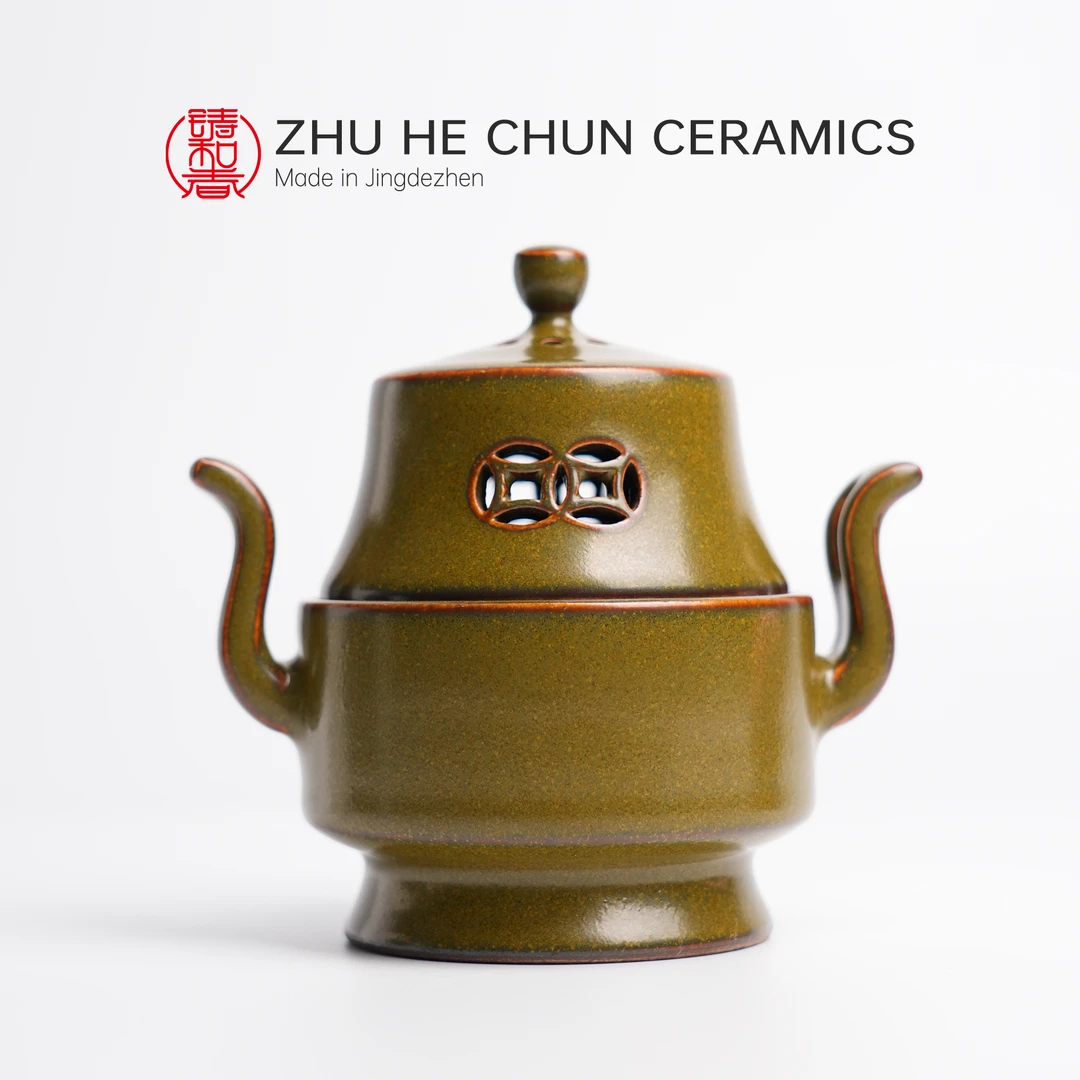 茶叶末釉双耳香炉 鳝鱼黄 烧香香薰 景德镇手工柴窑