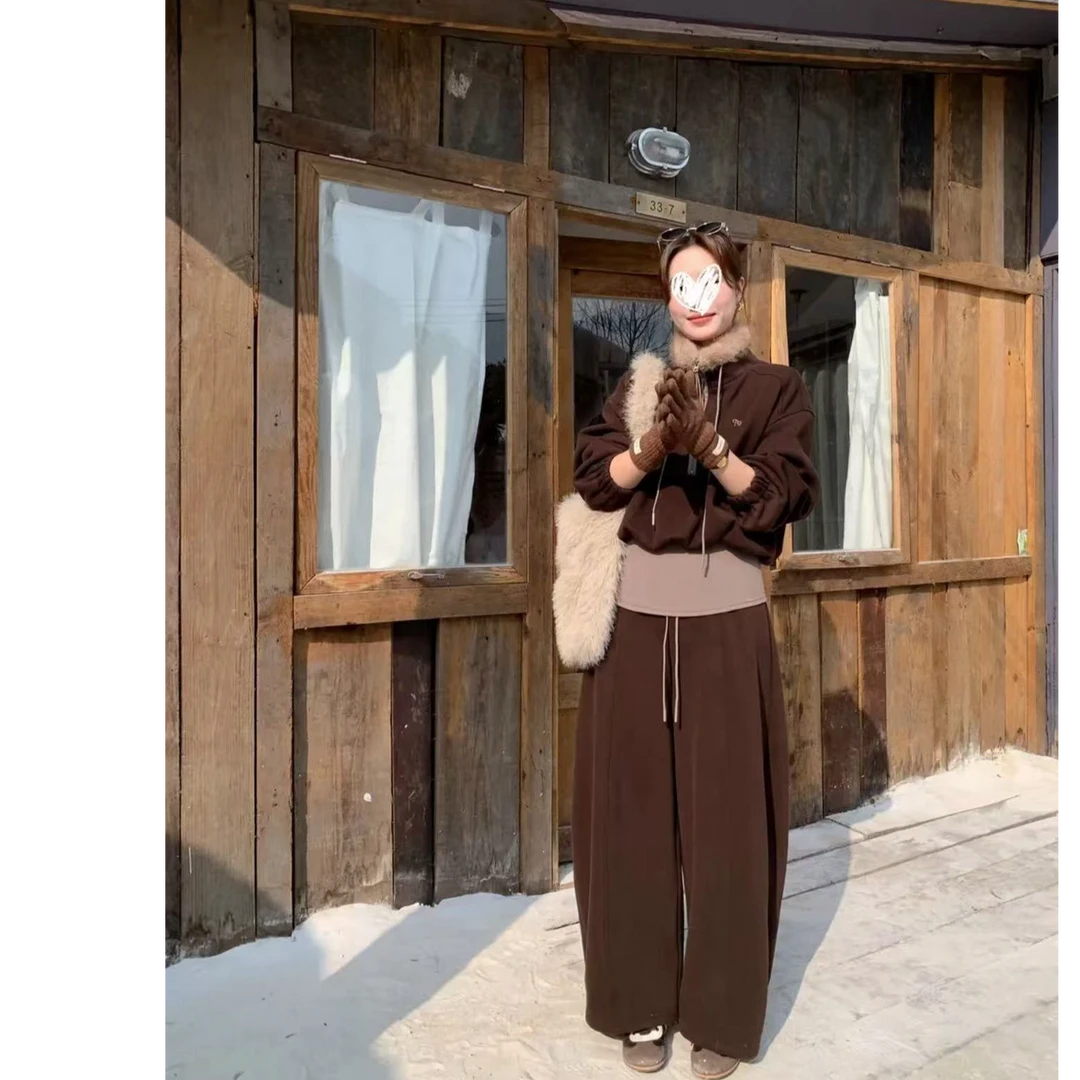 韩版百搭休闲毛领抽绳加绒卫衣松紧腰阔腿裤两件套装大尚988785