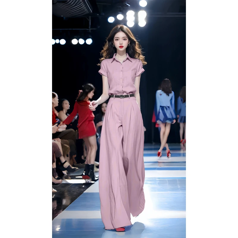 2088粉色套装女气质名媛高级感穿搭炸街减龄洋气上衣阔腿裤两件套