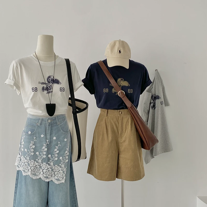 超可爱史努比卡通印花圆领短袖t恤夏季正肩上衣女韩系chic风白T恤