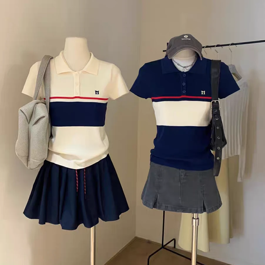 敲级推荐!polo领撞色短袖针织衫夏季正肩韩系百搭修身气质上衣女