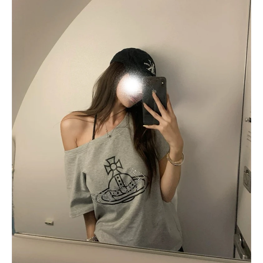 【闪耀瞬间】重工字母印花烫钻露肩T恤韩系百搭松弛夏季设计感