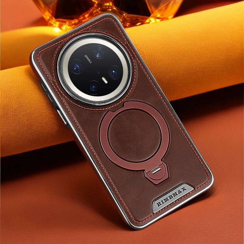 适用华为mate70pro+360°旋转磁吸支架手机壳60皮质防摔新款高级感