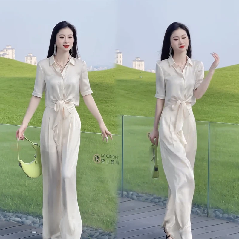 2025夏季网红新款时尚套装女设计感系带衬衫+高腰垂感显瘦阔腿裤