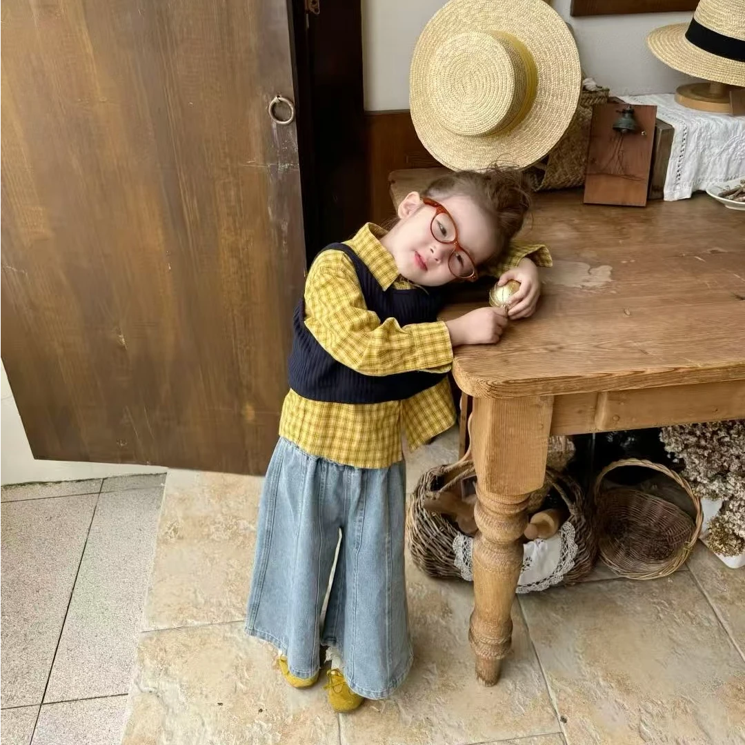 壹妈童装女童开学穿搭秋季新款套装洋气女宝时尚针织吊带格子衬衫