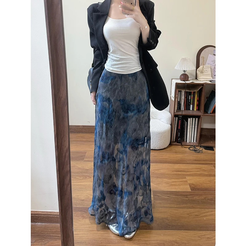 法式复古蓝色印花半身裙女早秋季新款高腰显瘦包臀修身鱼尾长裙女