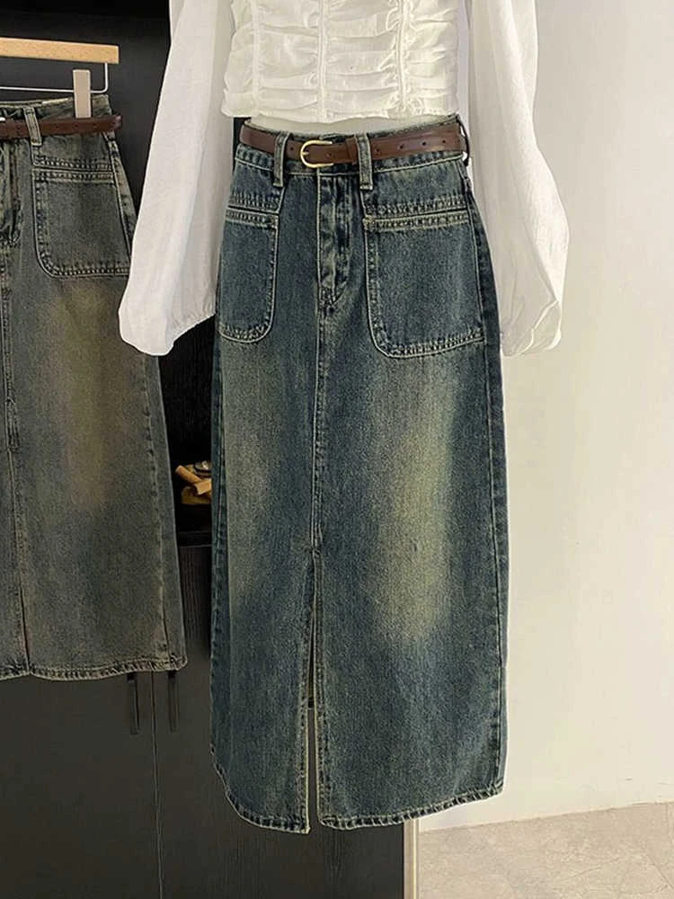【钻石姐专享】复古开叉牛仔半身裙女中长款显瘦遮胯裙韩版高腰百搭
