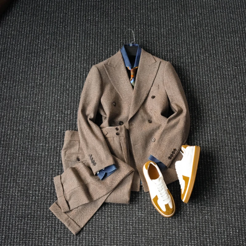 CssuGent 50%人字纹羊毛西服套装男复古绅装戗驳领双排扣西服外套