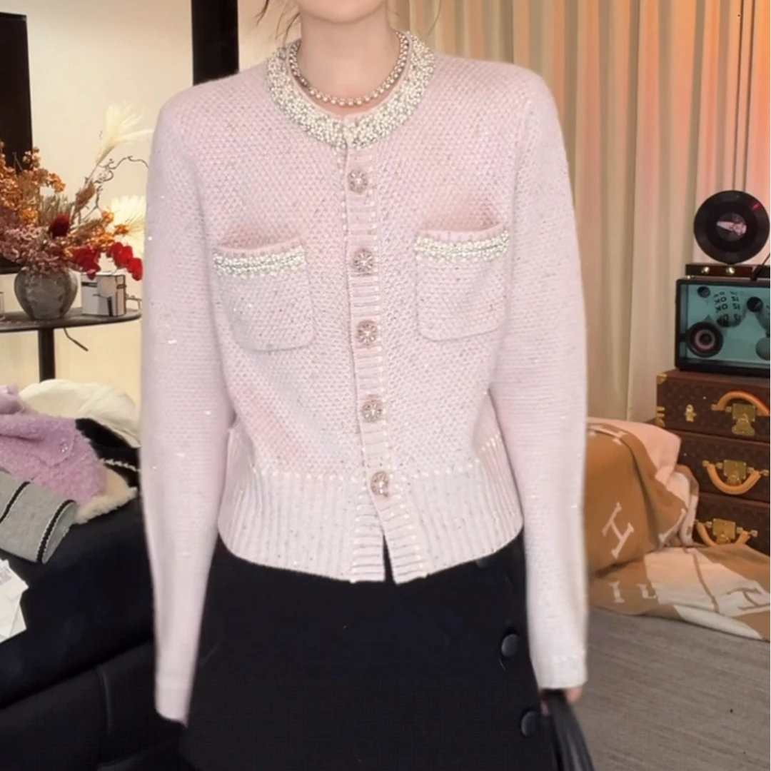 小香风高级感轻奢重工钉珠针织开衫甜美梦幻法式名媛风排扣毛衣女