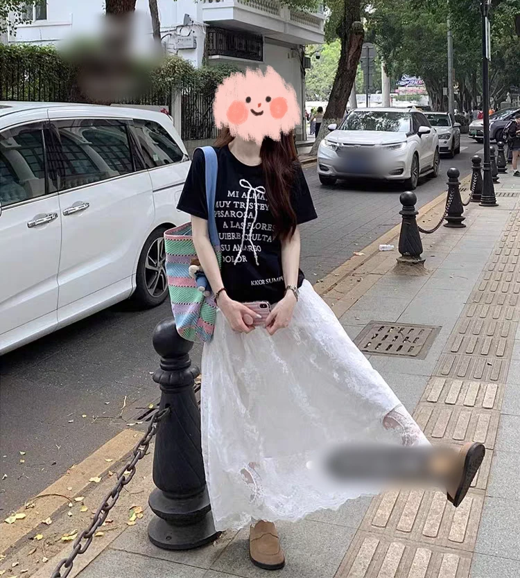 大码夏季宽松慵懒风短袖T恤微胖显瘦蕾丝半身裙两件套1885#