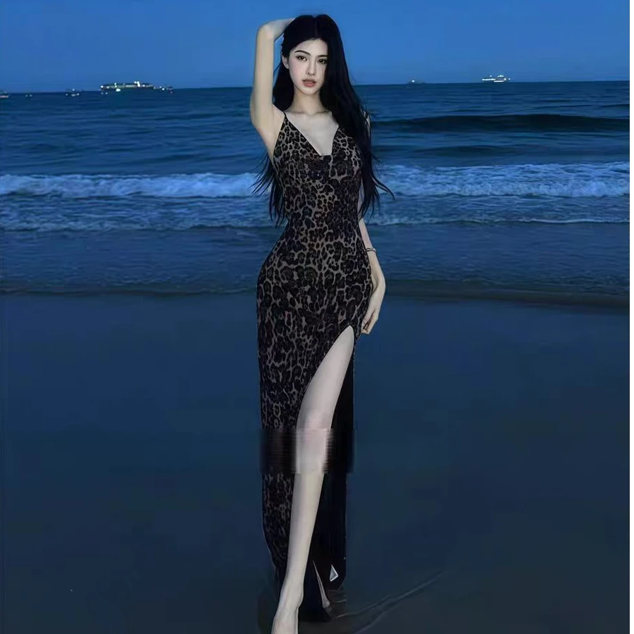 D3710/3709侧开衩性感豹纹吊带连衣裙女御姐风高腰a字长裙