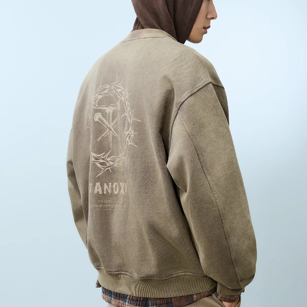TANOXI T399「荆棘」复古炒雪花水洗蜡染做旧 印花圆领套头卫衣