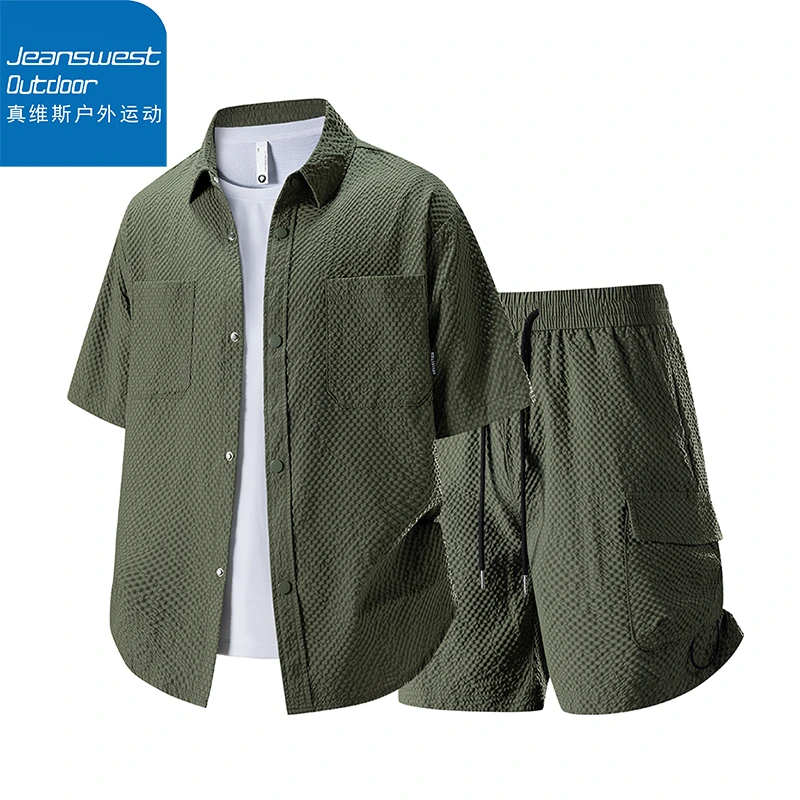 真维斯户外运动潮牌休闲短袖衬衫男夏季新款宽松百搭速干透气套装