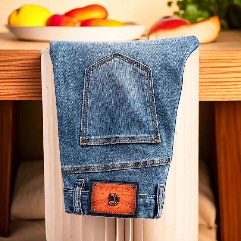 维斯克纳时尚新款春夏男士牛仔裤时尚修身小直筒长裤浅蓝色九分裤