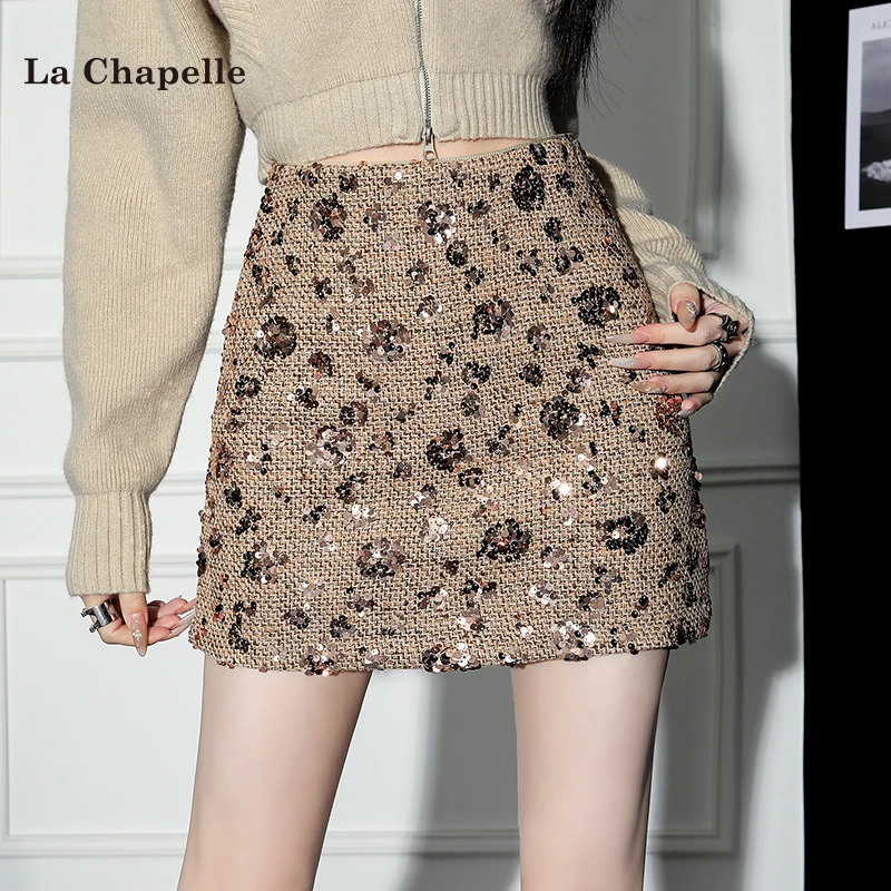拉夏贝尔高级感复古重工亮片半身裙女秋冬高腰气质显瘦包臀A字裙