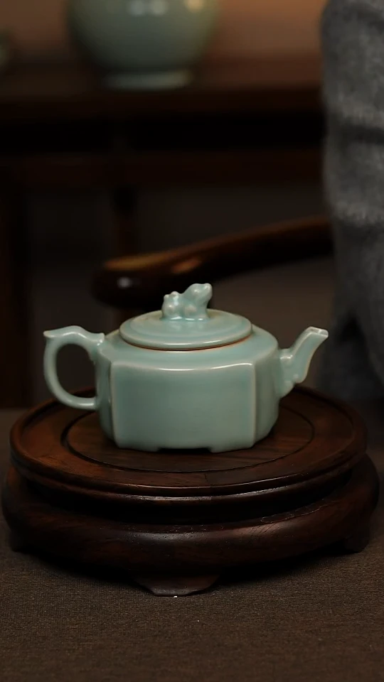 瓷片仿古天青全手工四方壶180ml 微瑕 不带礼盒