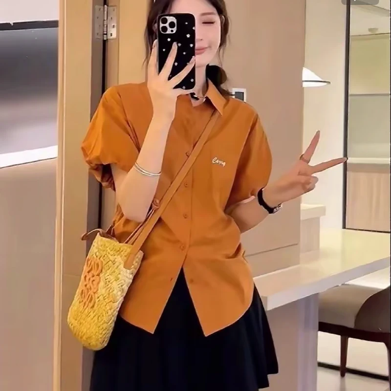 刺绣翻领正肩短袖衬衫夏季设计感Polo衬衣休闲宽松上衣T恤 66883