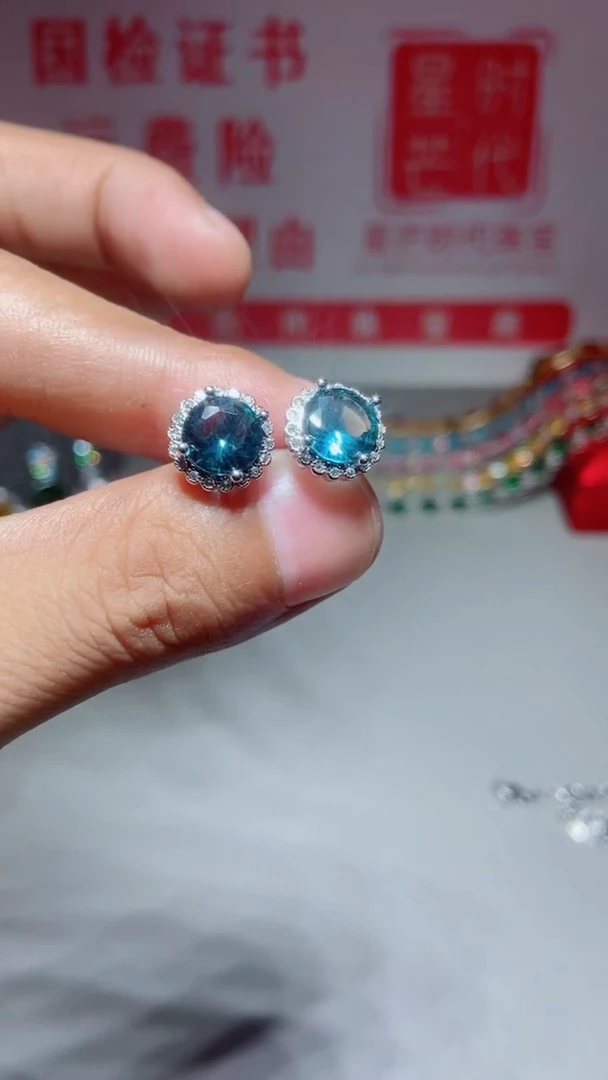 银S925镶嵌耳钉海蓝宝石716