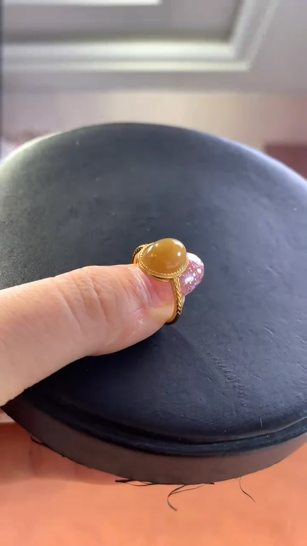 和田玉银S925镶嵌挂件黄金糖戒指