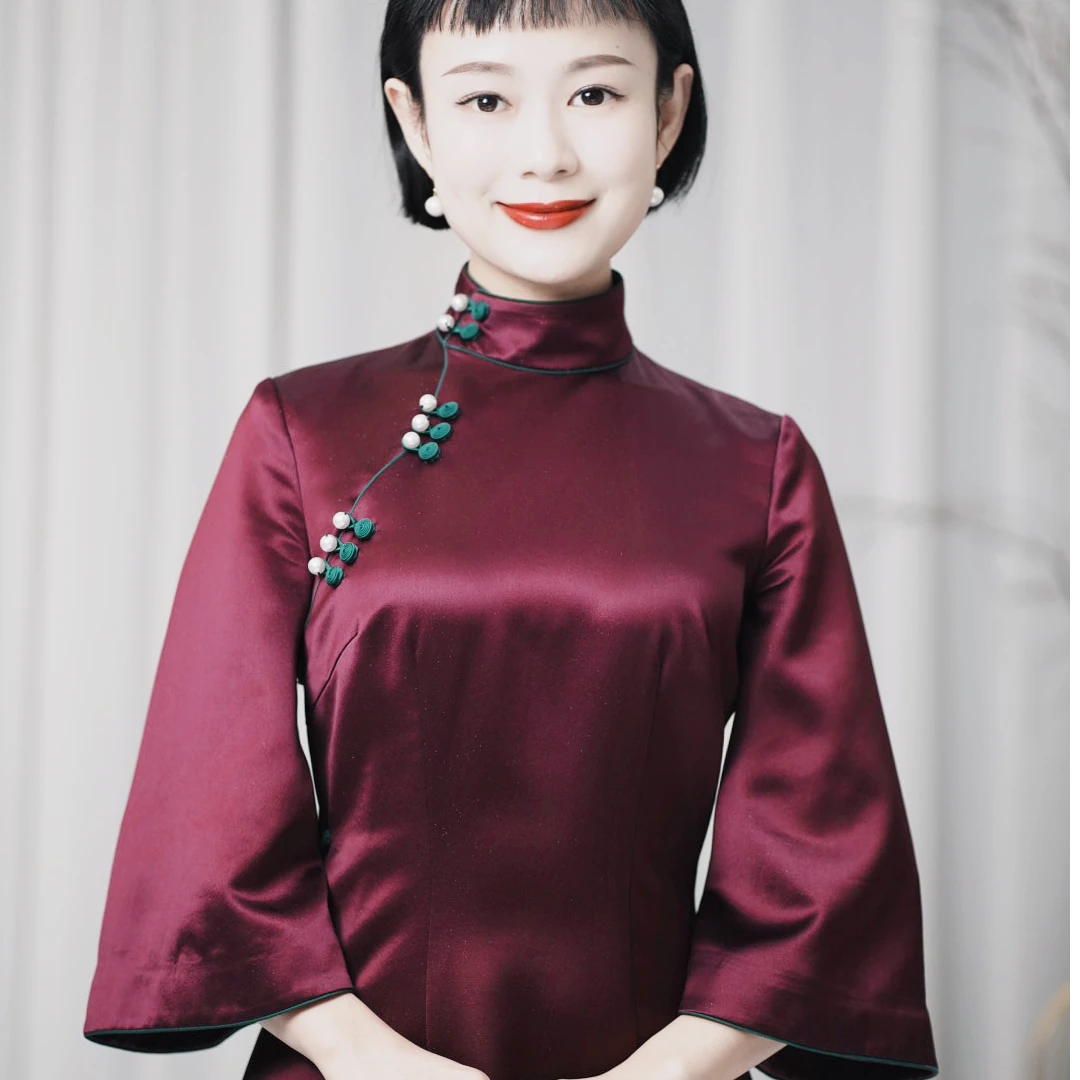 【蜀晰原创】暗紫色醋酸倒大袖全开襟改良旗袍长袖长款日常复古