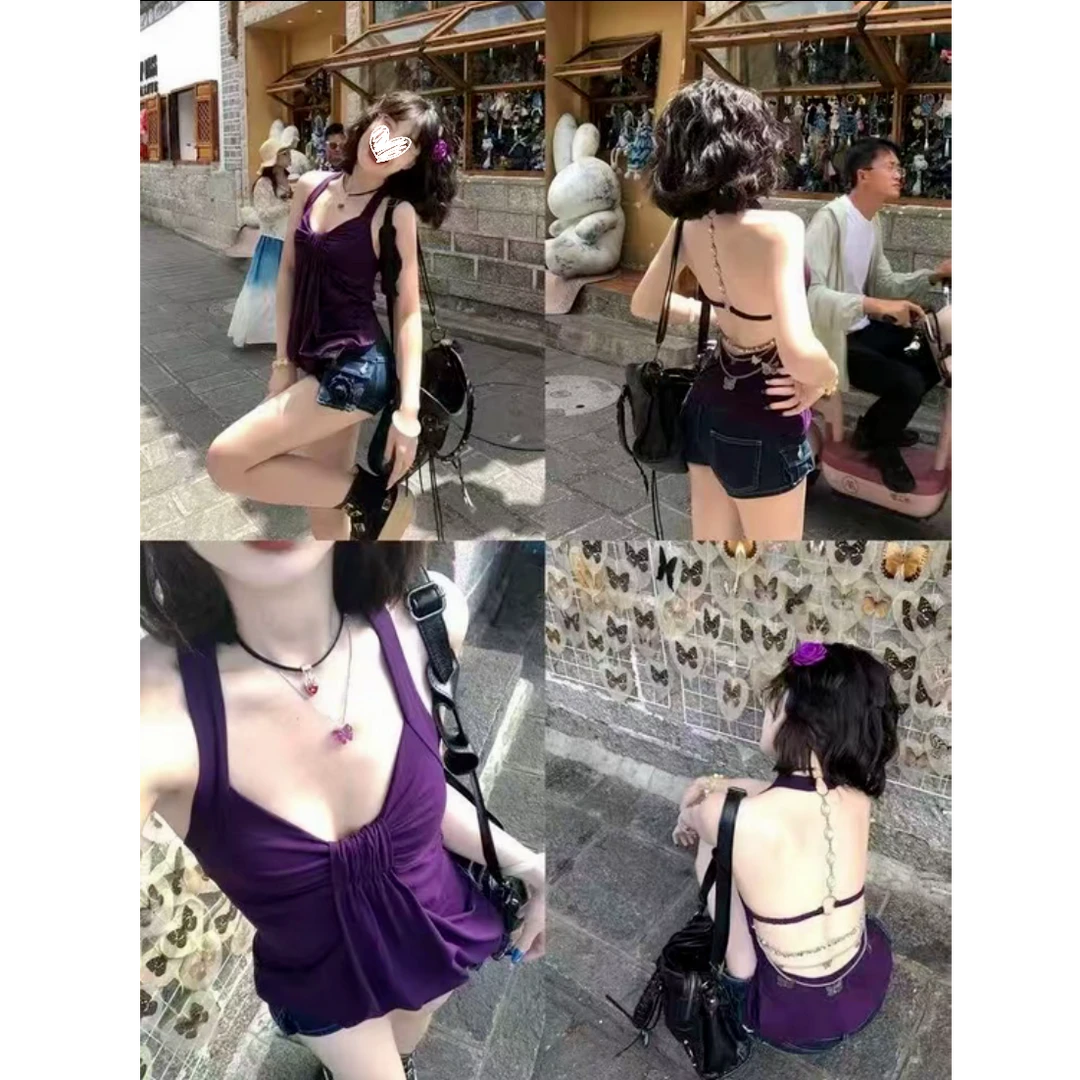 “碎钻美背杀”热辣蝴蝶链露背辣妹挂脖背心吊带纯欲修身上衣夏季女