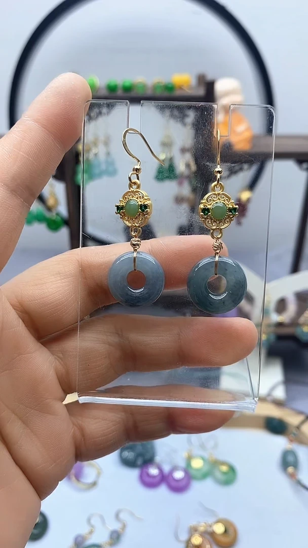 石英质玉（非洲翠）14K金镶嵌耳饰255