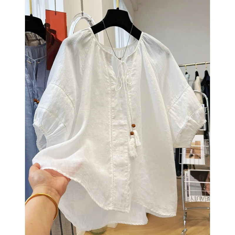 韩系高端苎麻短袖衬衫女夏季宽松娃娃衫薄款气质巨好看小衫上衣新