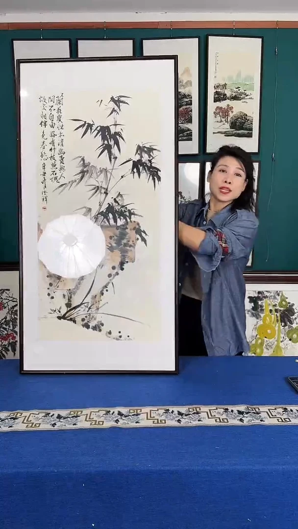 国画竹报平安实木装裱63*123