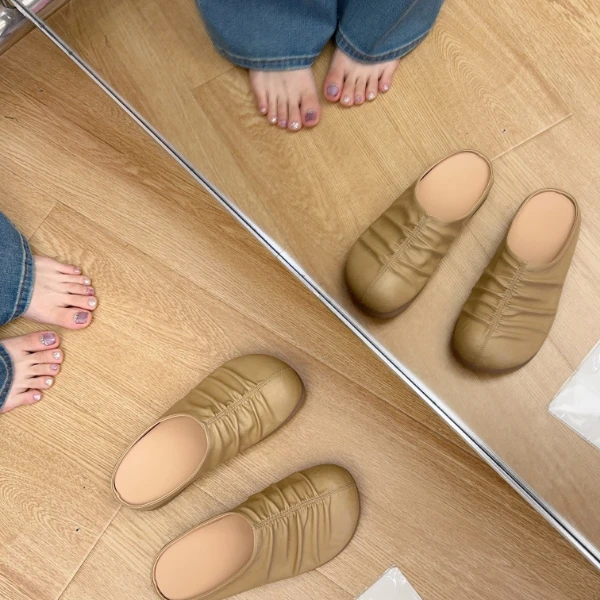 韩版褶皱包头半拖鞋女25 夏季新款配裙子休闲平底后空凉拖鞋LX173