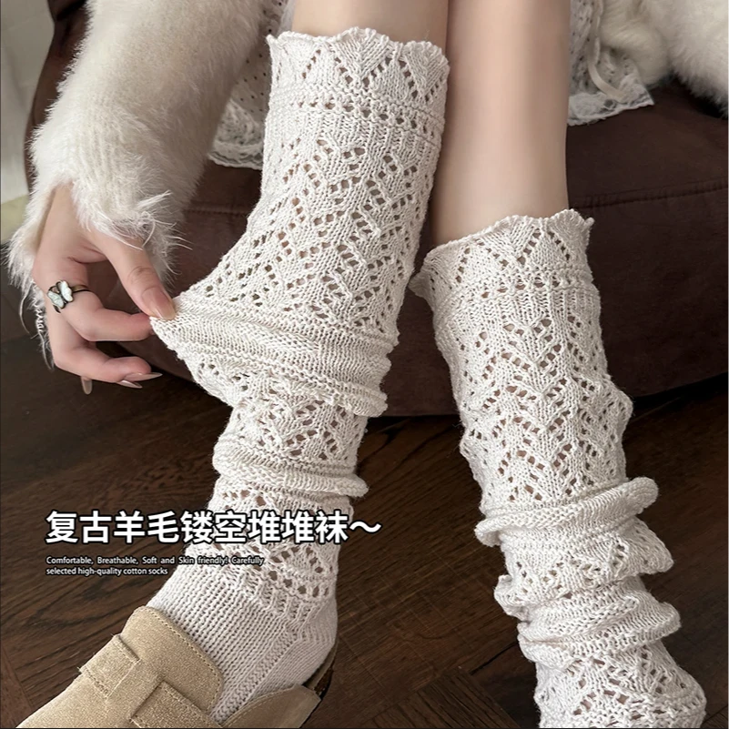复古镂空针织羊毛花型网眼堆堆袜女穿搭感针织镂空小腿堆堆袜子女
