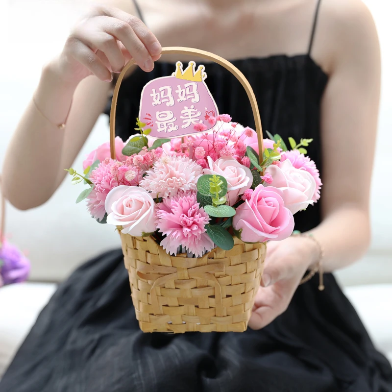 16朵康乃馨玫瑰永生香皂花束花篮女神节祝福送老师妈妈生日礼物