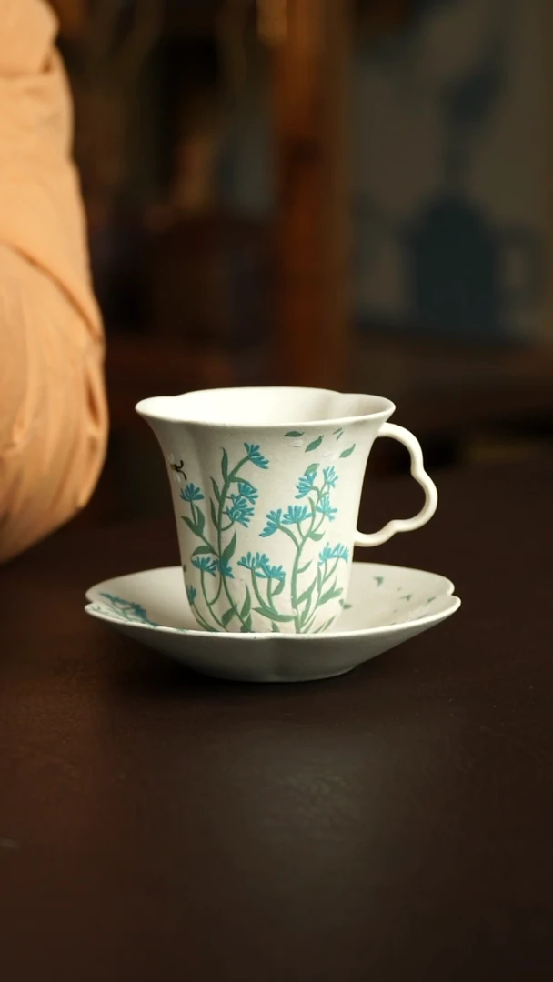 茶杯紫砂74号 花瓣把杯+杯垫 宜兴紫砂原矿作品