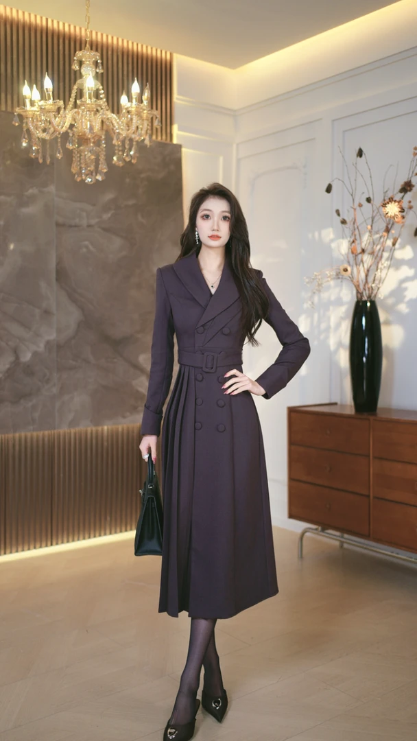 秋季长袖西装领A字裙拉链连衣裙女装女士修身双排扣