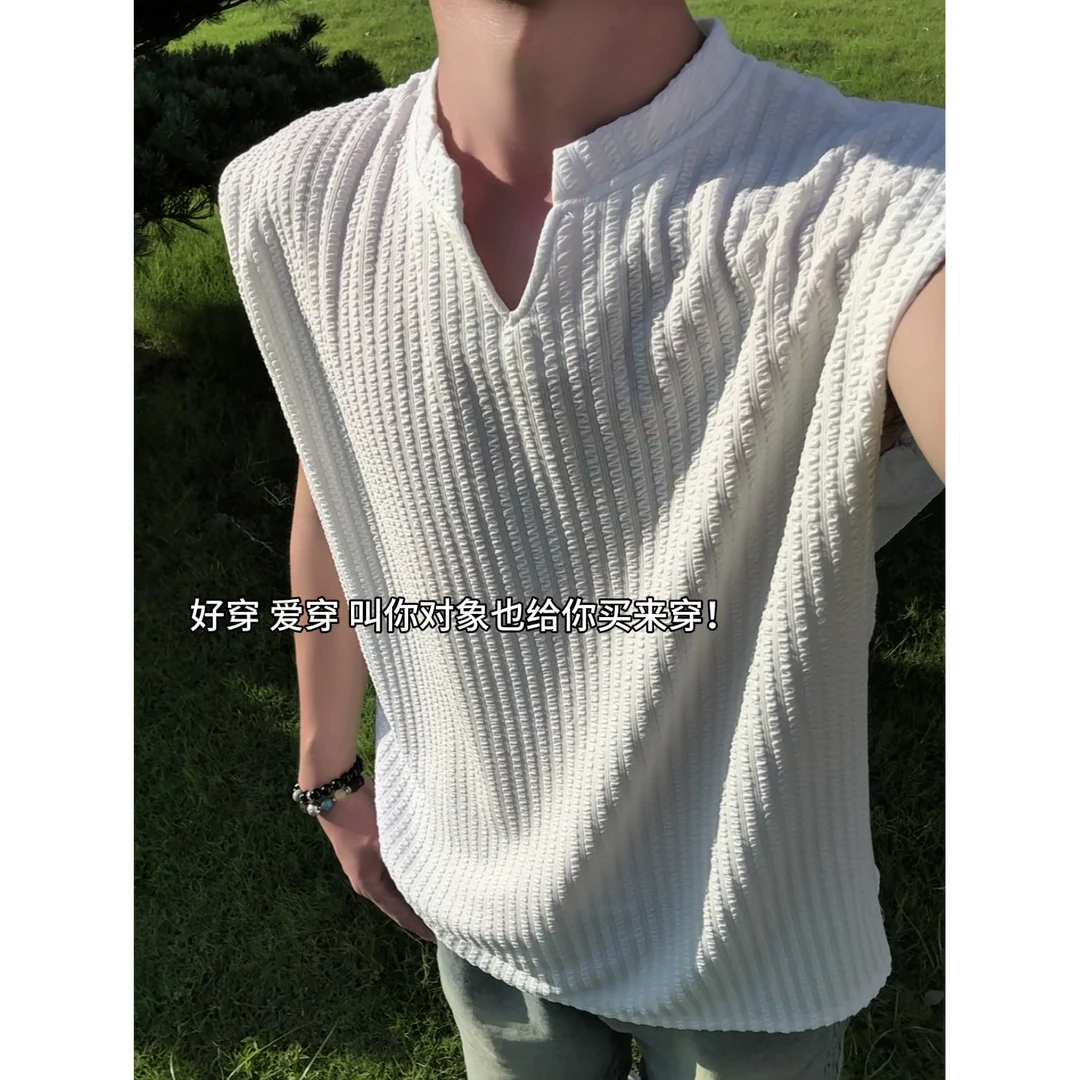 美式凉感褶皱V领背心男女夏季薄款冰丝无袖T恤小领口运动坎肩汗衫