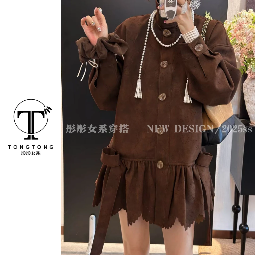 TongTong女系 秋季鹿皮绒单排扣系带连衣裙外套百搭复古秋冬