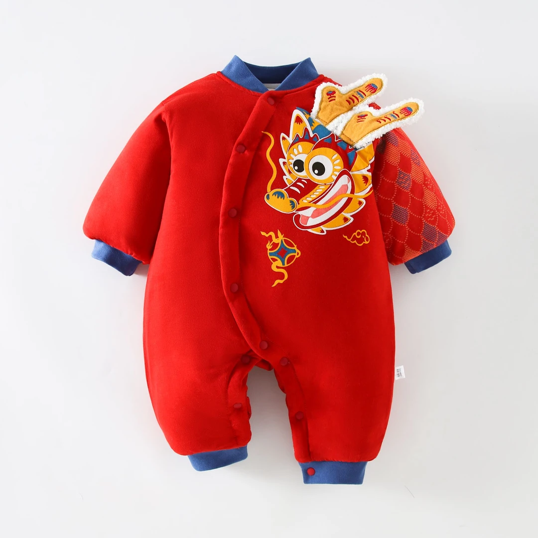秋冬冬季A类长爬哈衣加绒新生儿中国风拜年服保暖婴儿