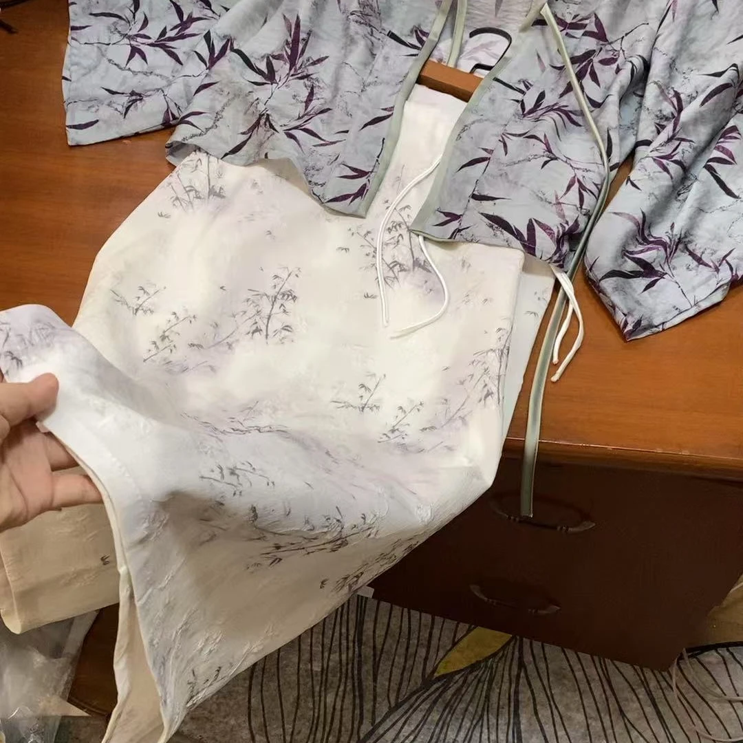 【花中墨竹】（有里衬）中国风复古休闲女士白色半身裙 新中式女裙