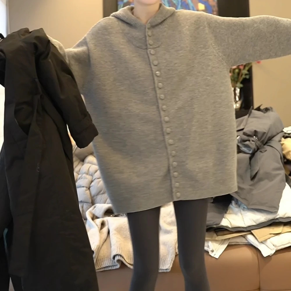 D秋冬新款灰色连帽毛衣慵懒风洋气针织外套中长款宽松韩版百搭