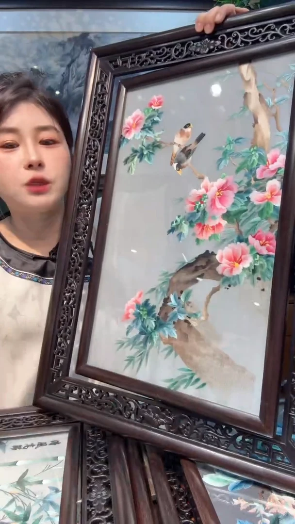 刺绣非遗苏绣手工刺绣双面绣山茶花台屏