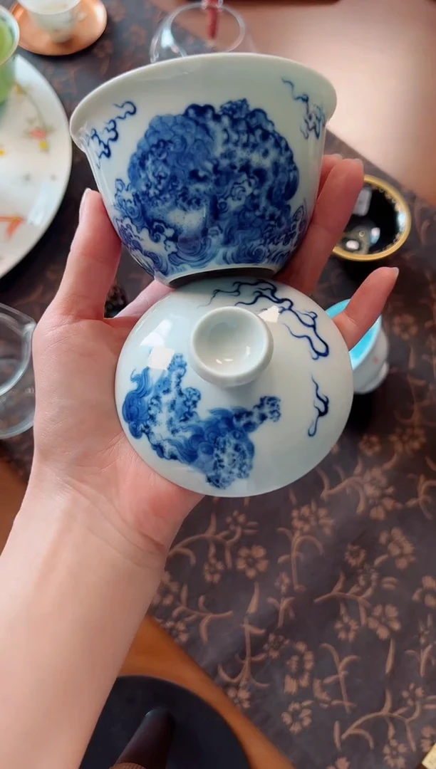 余海水狮子青花盖碗福利