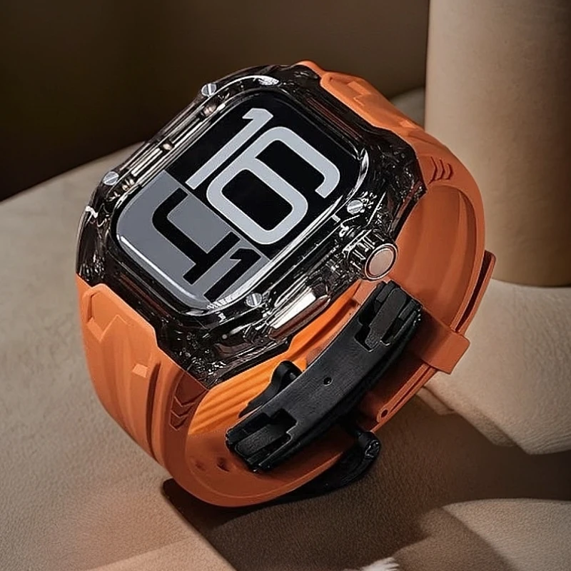 [改装表壳]适用AppleWatch S10表盘贴合46透明改装49mm硬壳硅胶带